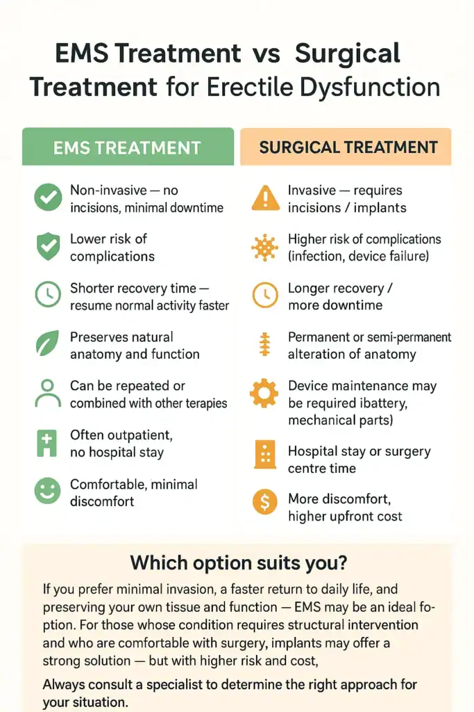 A table showing the benefits of EMS chair for erectile dysfunction treatment Cambridge compared to surgery.