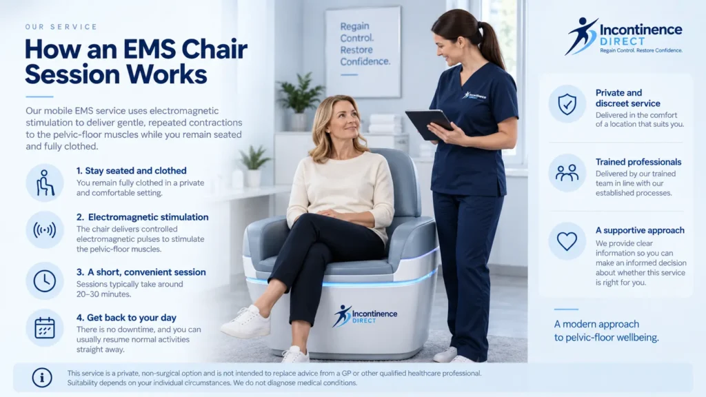 how ems chair session works at incontinence direct Cambridge a detailed infographics for the incontinence process