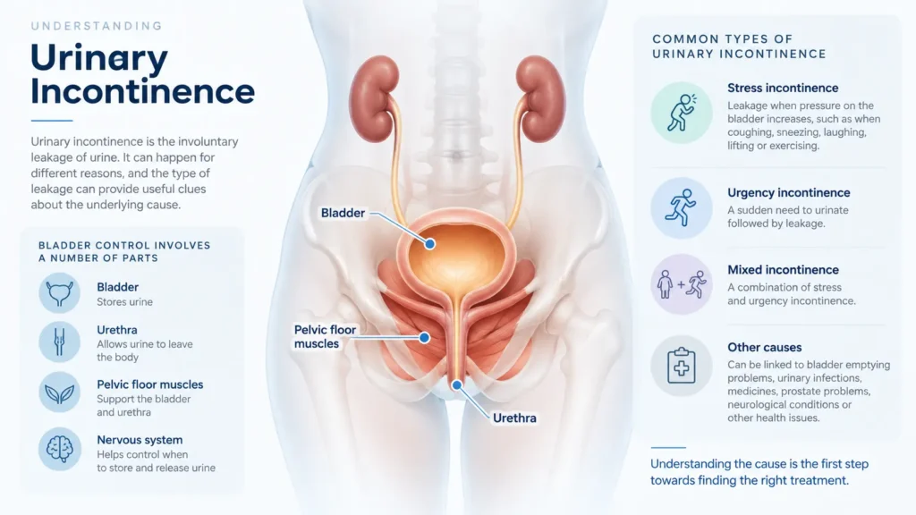 incontinence direct Cambridge infographic on urinary incontinence symptoms reasons and treatment options