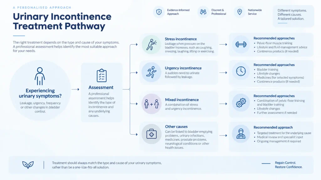 urinary incontinence treatment options infographics from the incontinence direct Cambridge