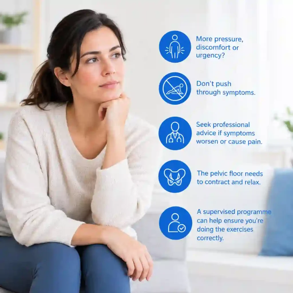 Pelvic-floor exercises Cambridge involve controlled contraction and relaxation. Persistent pressure, discomfort or urinary urgency may warrant professional assessment.